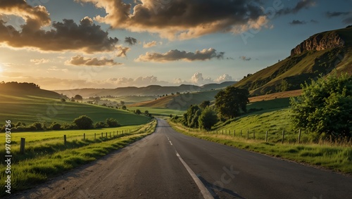 Scenic Countryside Road with Lush Green Fields