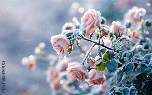 Generative-AI, Close-Up of Frosted Rose with Intricate Frost Details on Petals and Leaves photo