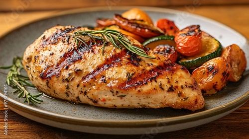 Grilled chicken breast with rosemary and grilled vegetables.