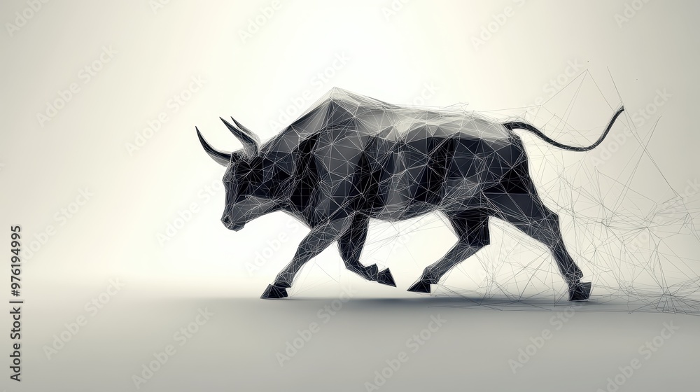 Charging Forward: A powerful and abstract depiction of a brown bull, rendered in a striking low-poly style, charges across a white background, symbolizing strength