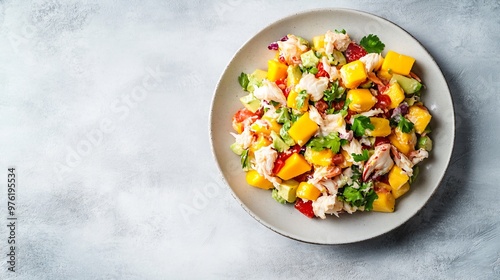 A chilled crab salad with mango and avocado, arranged on a pale grey background for a clean and sophisticated presentation