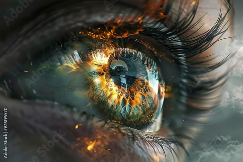 A close-up of a striking human eye filled with fiery reflections and glowing patterns, creating a surreal effect that captivates attention at dusk. photo