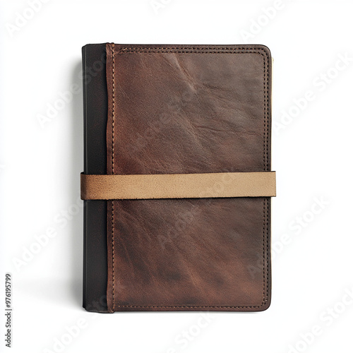 Classic leather-bound journal in dark brown, front view, on a white background, vintage and elegant design.