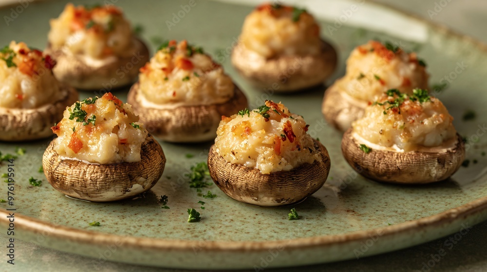 A crab-stuffed mushroom appetizer, arranged on a muted olive green background with soft lighting to create focus A crab-stuffed mushroom appetizer, arranged on a muted olive green background with soft lighting to create focus