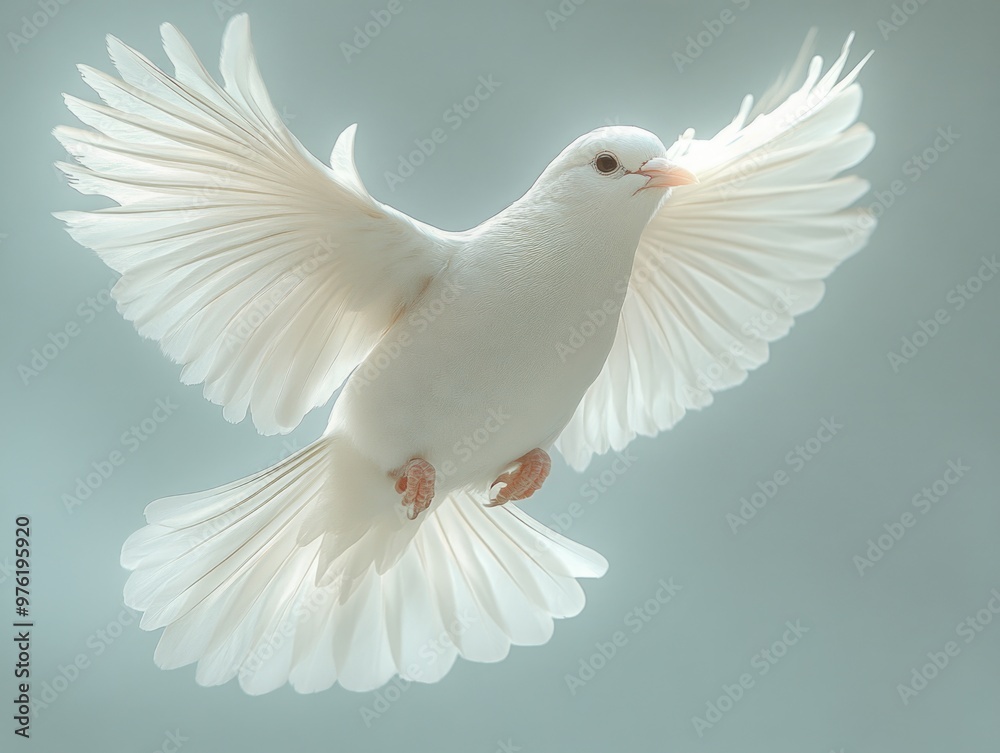 Obraz premium Graceful white dove in mid-air with spread wings and soft pastel background