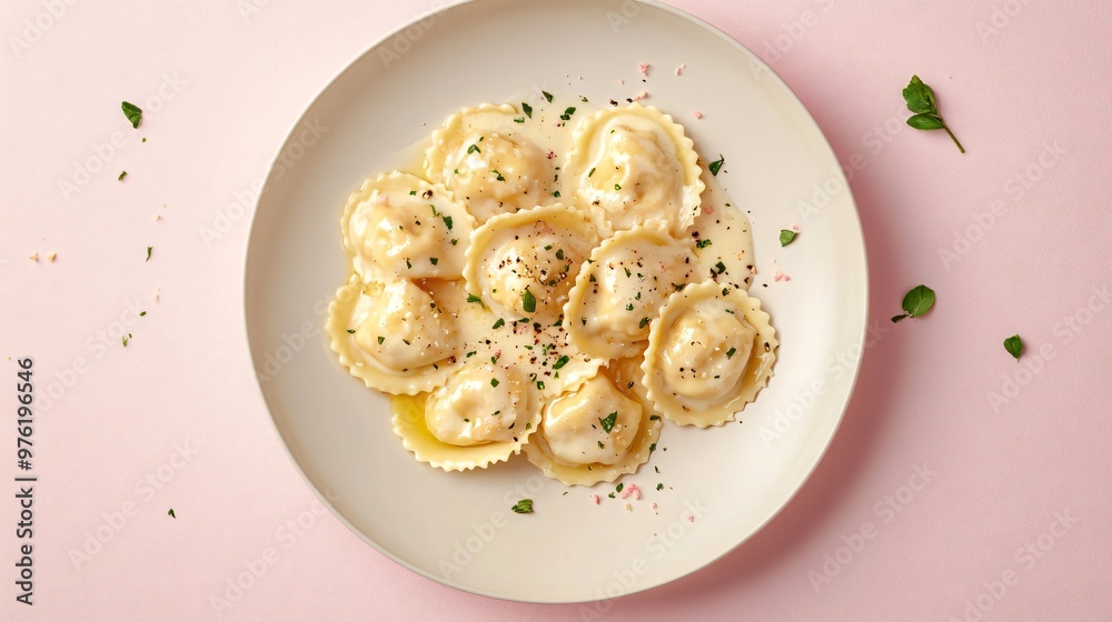 A plate of crab ravioli with a delicate cream sauce, placed on a soft pastel pink background for a modern, playful vibe A plate of crab ravioli with a delicate cream sauce, placed on a soft pastel pink background for a modern, playful vibe