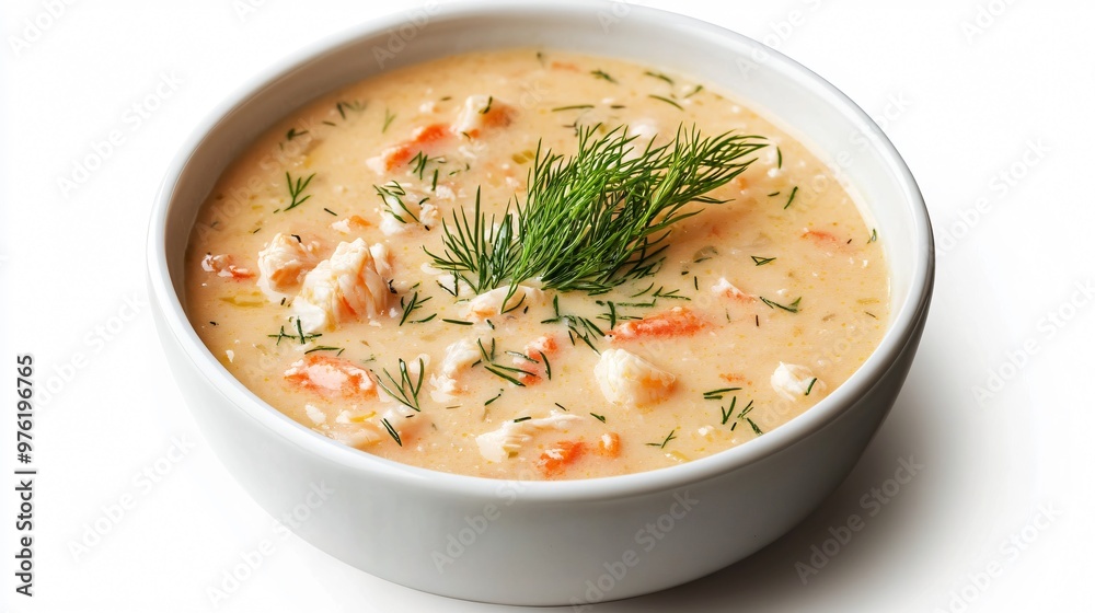 A rich crab chowder garnished with dill, isolated on a matte white background with delicate shadows for a clean, modern look A rich crab chowder garnished with dill, isolated on a matte white background with delicate shadows for a clean, modern look