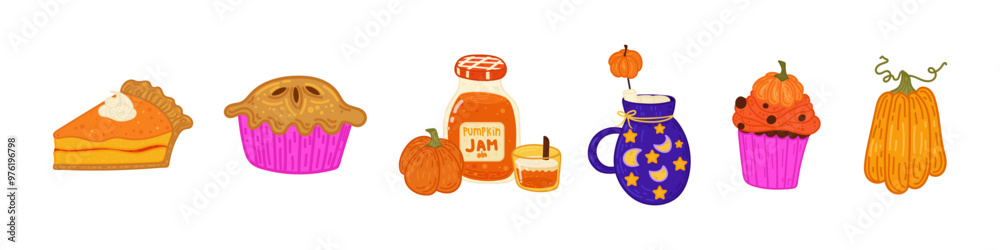 Halloween cute elements set. Pumpkins, pie, cakes. Vector illustration in flat style Halloween cute elements set. Pumpkins, pie, cakes. Vector illustration in flat style