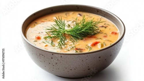 A rich crab chowder garnished with dill, isolated on a matte white background with delicate shadows for a clean, modern look