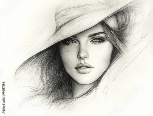 Elegant pencil sketch of woman in hat with striking features and expressive eyes