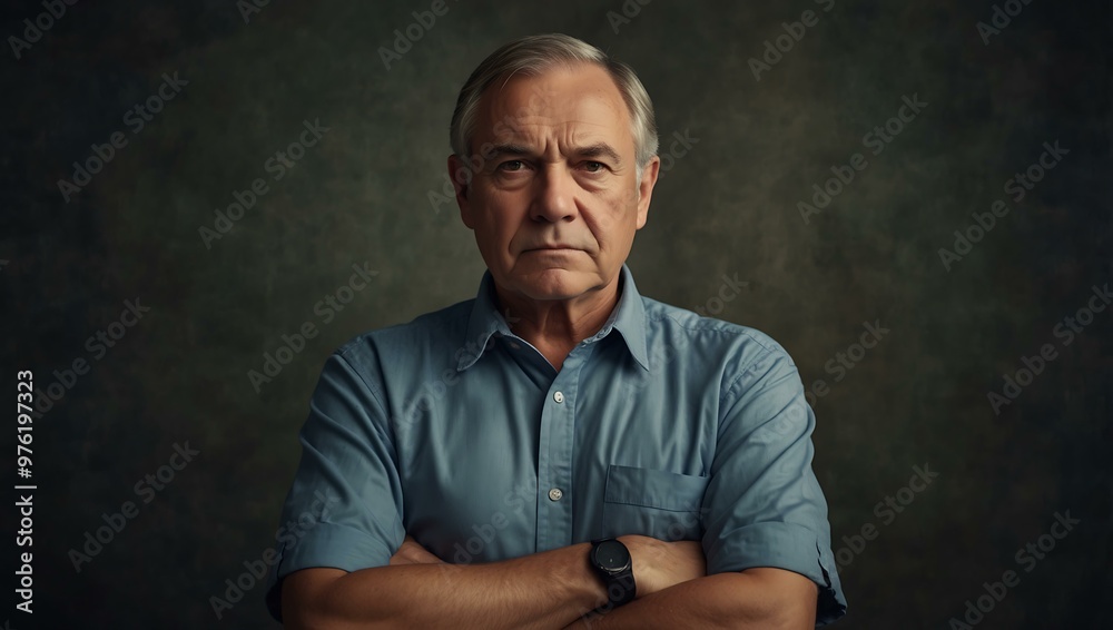Senior man with arms crossed and a serious expression.