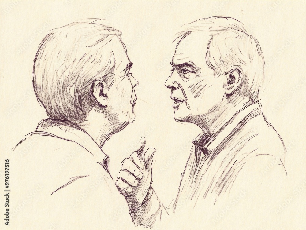 Reflective sketch of conversation between two elderly men in profile