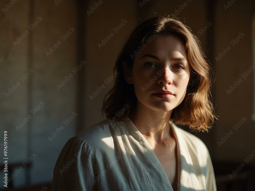 Serene portrait of a woman in a sunlit chapel Serene portrait of a woman in a sunlit chapel
