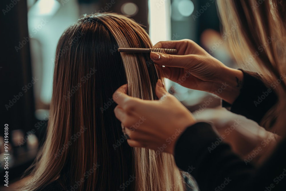 Fototapeta premium Woman in a beauty salon getting a professional haircut