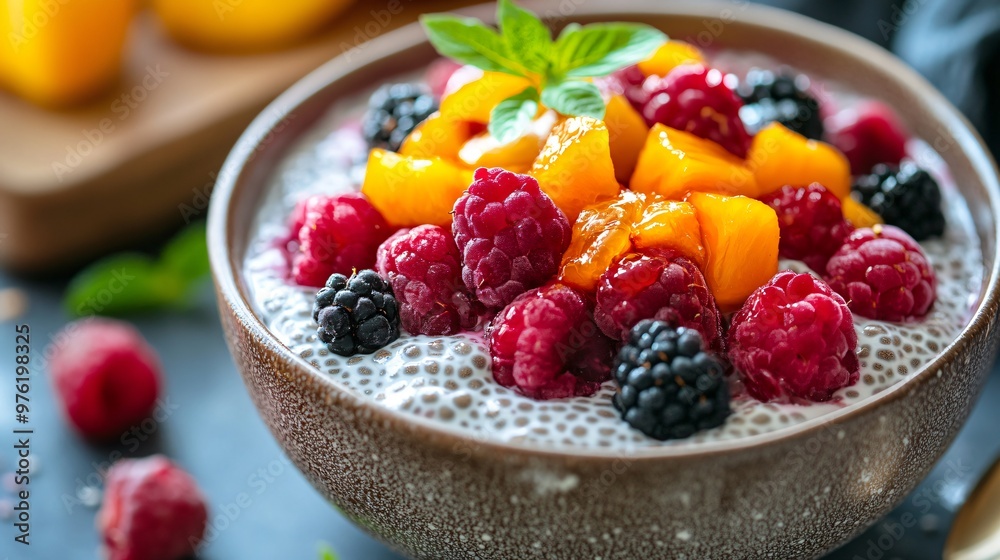 A bowl of chia pudding with fresh raspberries, blackberries, and diced mango. A bowl of chia pudding with fresh raspberries, blackberries, and diced mango.