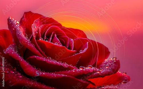 Generative-AI, Close-Up of Red Rose Petals with Dew Drops Highlighting Natural Beauty photo