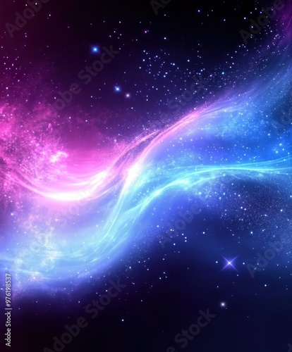 an abstract neon energy waveform, curved motion trails, glowing particles in space, futuristic technology concept art, vibrant purple and blue colors, cosmic background 