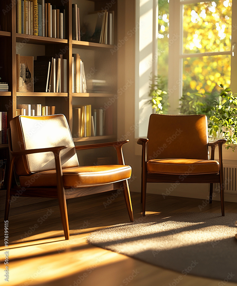 Modern club chairs, walnut finish, sleek brown leather cushions, placed in a cozy reading nook with a vintage bookshelf behind Modern club chairs, walnut finish, sleek brown leather cushions, placed in a cozy reading nook with a vintage bookshelf behind