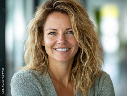 Smiling woman with curly hair in casual gray sweater in bright modern space