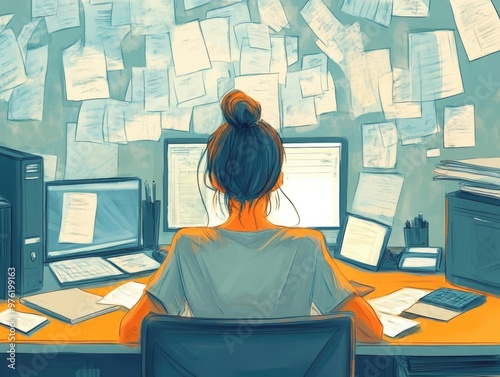 Creative workspace: woman designing at computer surrounded by notes photo