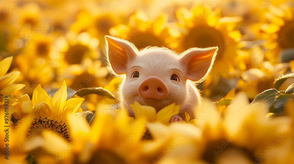 Adorable piglet peeking through vibrant sunflowers, capturing a joyful moment in nature's beauty and playful innocence. Adorable piglet peeking through vibrant sunflowers, capturing a joyful moment in nature's beauty and playful innocence.