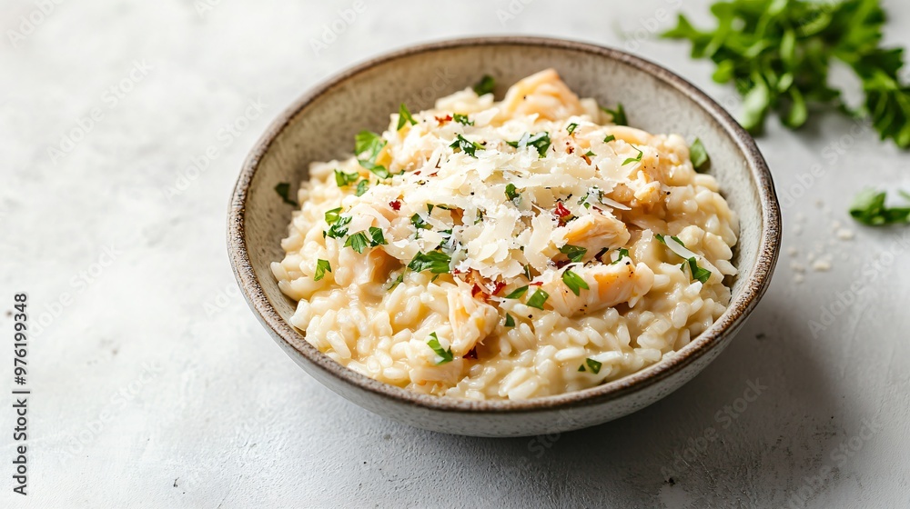 Crab risotto with shaved parmesan, isolated on a muted light grey background with subtle shadows for a refined feel Crab risotto with shaved parmesan, isolated on a muted light grey background with subtle shadows for a refined feel