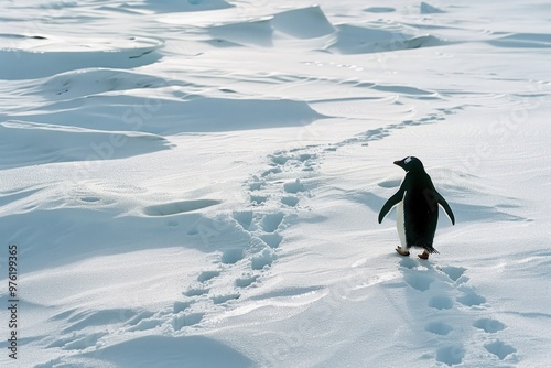 A lone penguin waddling across a glacier, its webbed feet leaving imprints in the snow as it searches for food