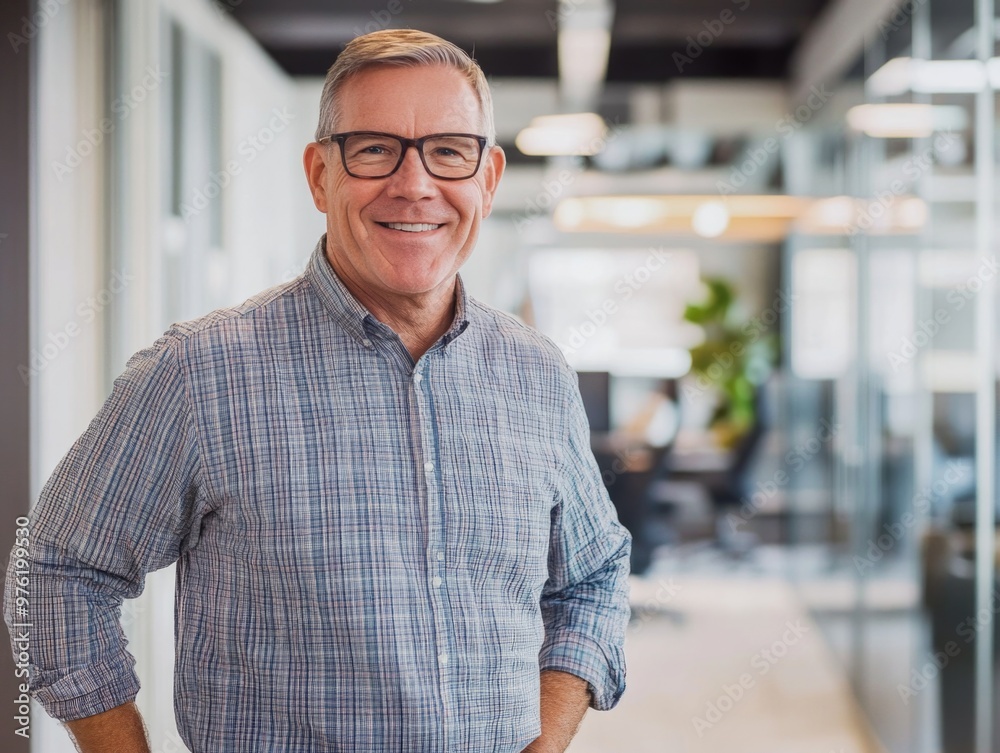 Confident senior man smiling in modern office environment Confident senior man smiling in modern office environment