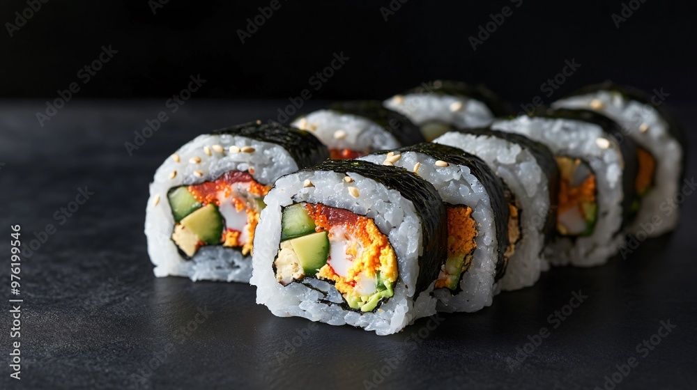 Crab sushi rolls with avocado and cucumber, displayed on a matte black background, creating a minimalist, modern look Crab sushi rolls with avocado and cucumber, displayed on a matte black background, creating a minimalist, modern look