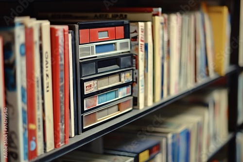 Pile of old vhs tapes sitting on bookshelf