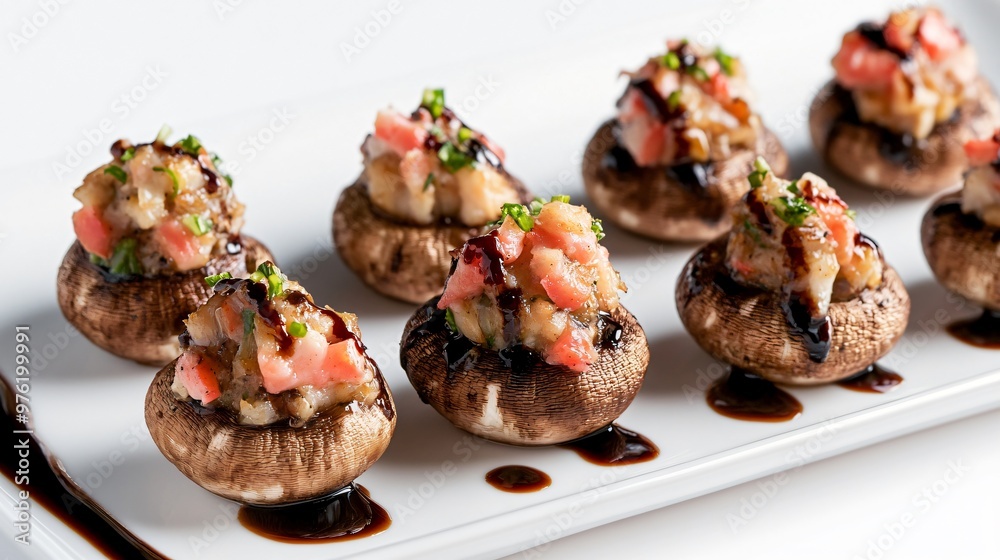 Crab-stuffed mushrooms with a balsamic glaze, arranged on a matte white background with soft lighting for a refined presentation Crab-stuffed mushrooms with a balsamic glaze, arranged on a matte white background with soft lighting for a refined presentation