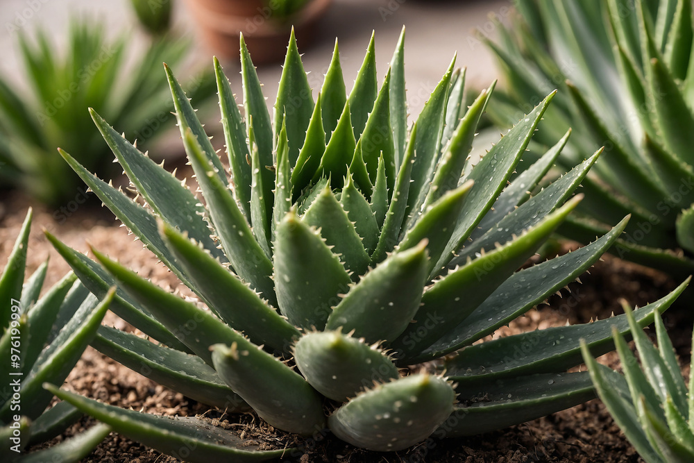 Fototapeta premium fresh aloe vera plant thriving in a lush garden