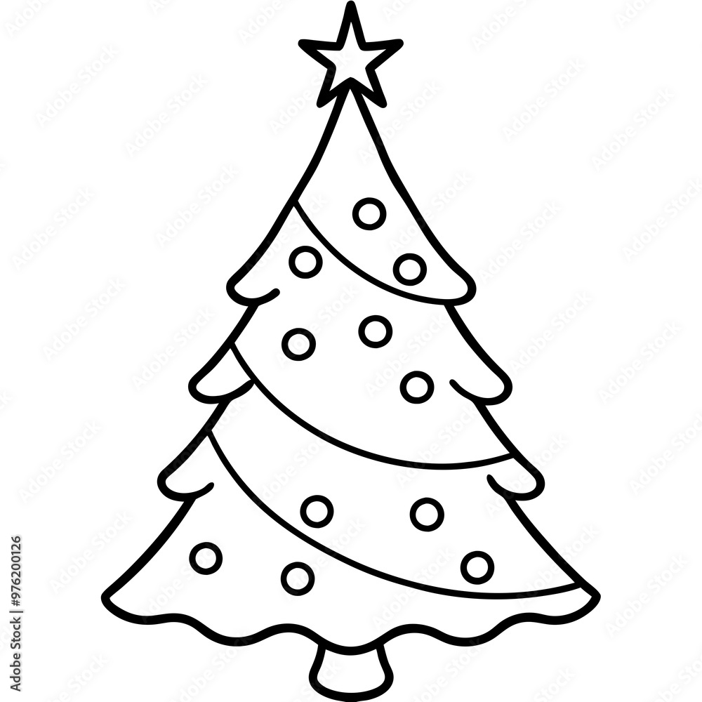 A simple outline of a decorated Christmas tree with ornaments and a star on top A simple outline of a decorated Christmas tree with ornaments and a star on top