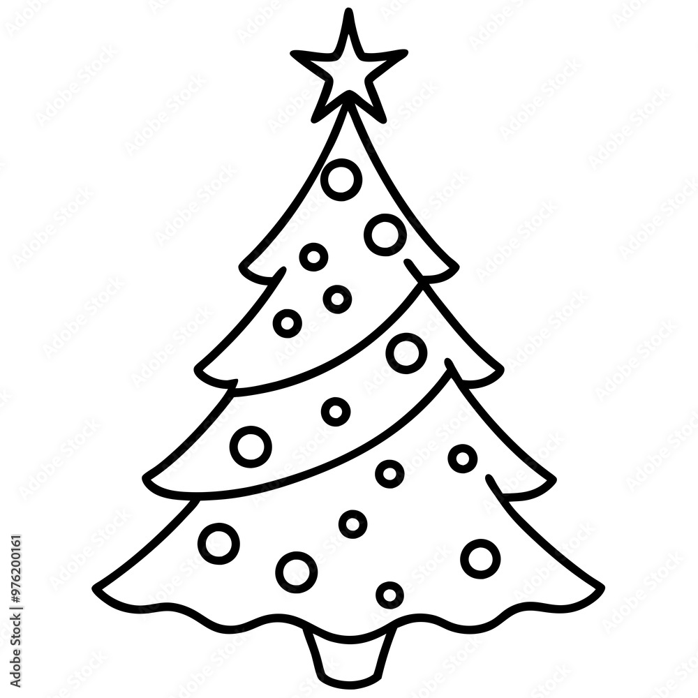 A simple outline of a decorated Christmas tree with ornaments and a star on top A simple outline of a decorated Christmas tree with ornaments and a star on top