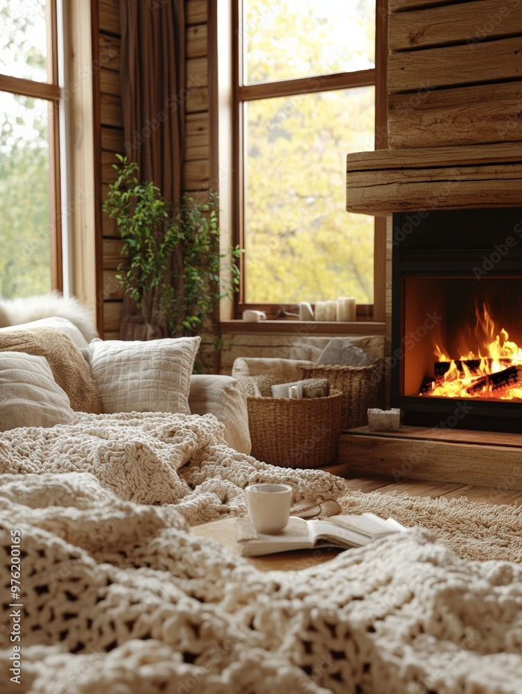 Fototapeta premium Cozy Rustic Living Room with Fireplace and Knitted Blankets, Perfect for Relaxation and Comfort in a Warm, Inviting Atmosphere