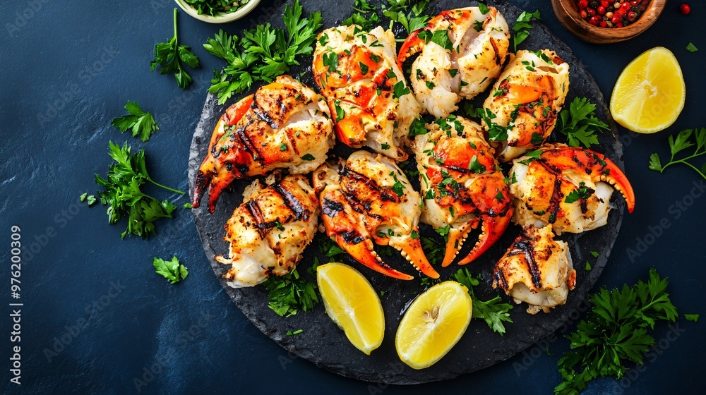 Grilled crab claws with fresh parsley and lemon wedges, placed on a dark blue background for a high-contrast, luxurious feel