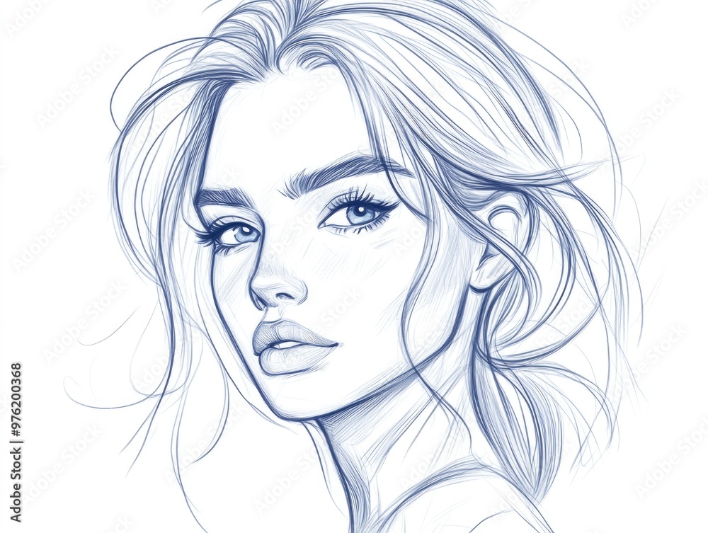 Elegant pencil sketch of a thoughtful woman with flowing hair Elegant pencil sketch of a thoughtful woman with flowing hair