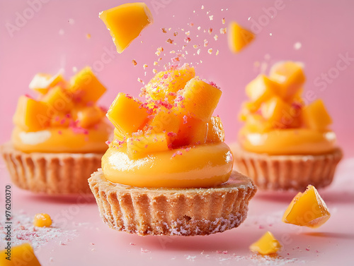 Delicious mango tartlets topped with fresh fruit and sprinkles, set against a vibrant pink background. photo