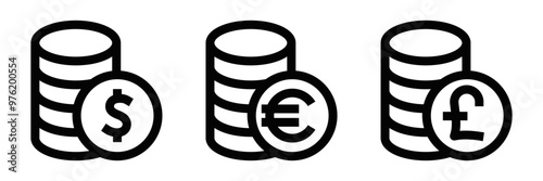 Simple vector icons of stacked coins featuring dollar, euro, and pound symbols, representing global finance. Editable stroke.