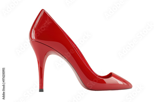 Pair of red high heels with glossy finish isolated on a white background. PNG transparent.