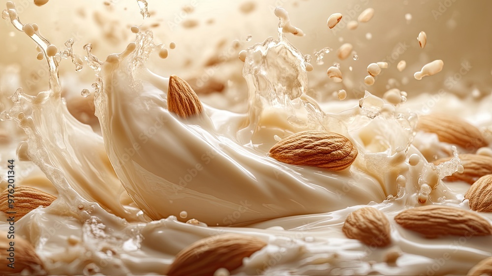 Almonds in a splash of almond milk. Perfect for showcasing almond milk products or recipes. Almonds in a splash of almond milk. Perfect for showcasing almond milk products or recipes.