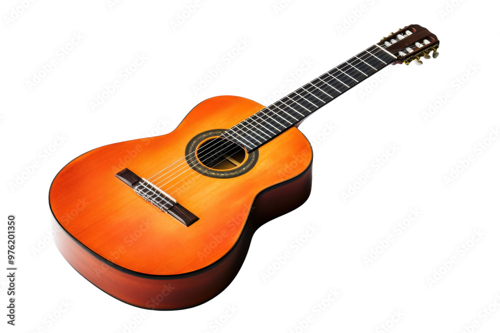 Fototapeta premium Acoustic guitar with wooden body and glossy finish isolated on a white background. PNG transparent.