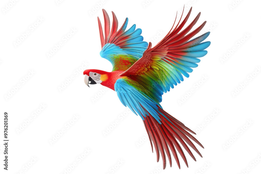Fototapeta premium Colorful parrot in flight isolated on a white background. PNG transparent.