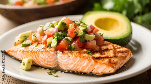 Grilled salmon with avocado and tomato salsa on a white plate.