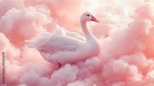 A serene white swan gracefully floats among soft pink clouds, creating a dreamy and tranquil atmosphere. photo