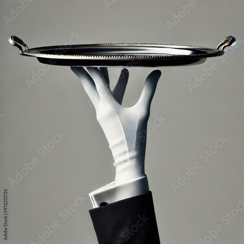 Butler's gloved hand balancing elegant silver tray, symbol of refined service