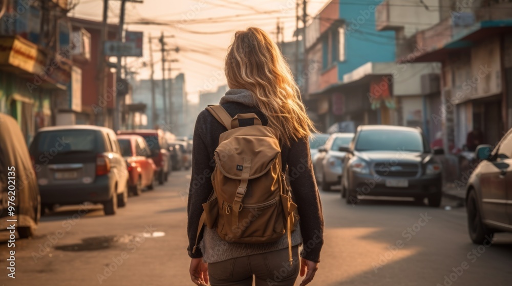 Young woman walking down the street with a stylish brown backpack, enjoying a day out Young woman walking down the street with a stylish brown backpack, enjoying a day out