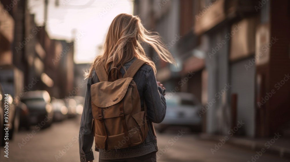 Young woman walking down the street with a stylish brown backpack, enjoying a day out Young woman walking down the street with a stylish brown backpack, enjoying a day out