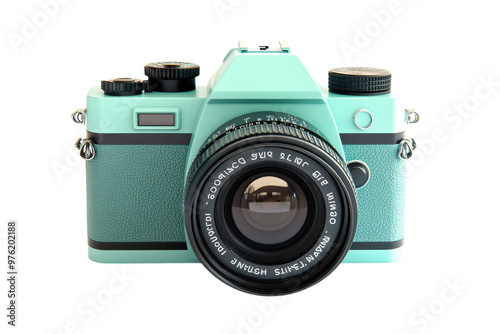 Retro-style mint green camera isolated on a white background. PNG transparent.