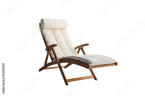 Wooden sun lounger with beige cushions isolated on a white background. PNG transparent.